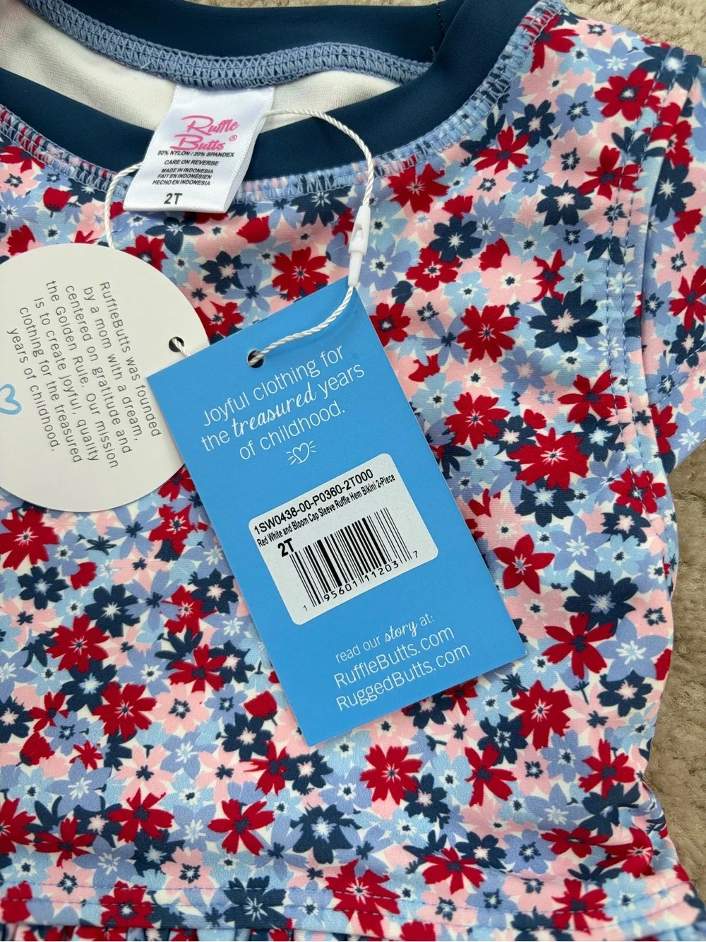 RuffleButts NWT Size 2T Red White & Bloom Cap Sleeve Ruffle Hem Bikini Swimsuit